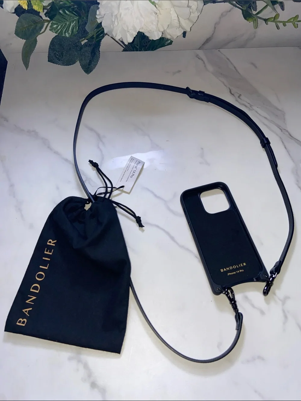Bandolier Black Leather Crossbody Phone 14 Pro Case with Adjustable Strap